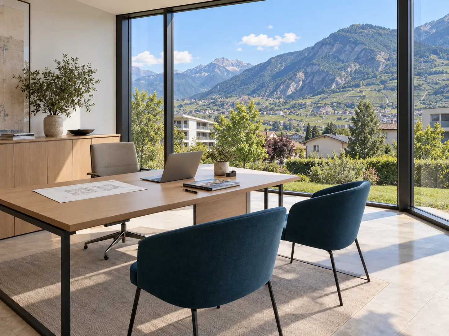 Bureau moderne d’une agence immobilière, sans personne, avec de grandes baies vitrées sur la verdure et les montagnes depuis le bas de la vallée.